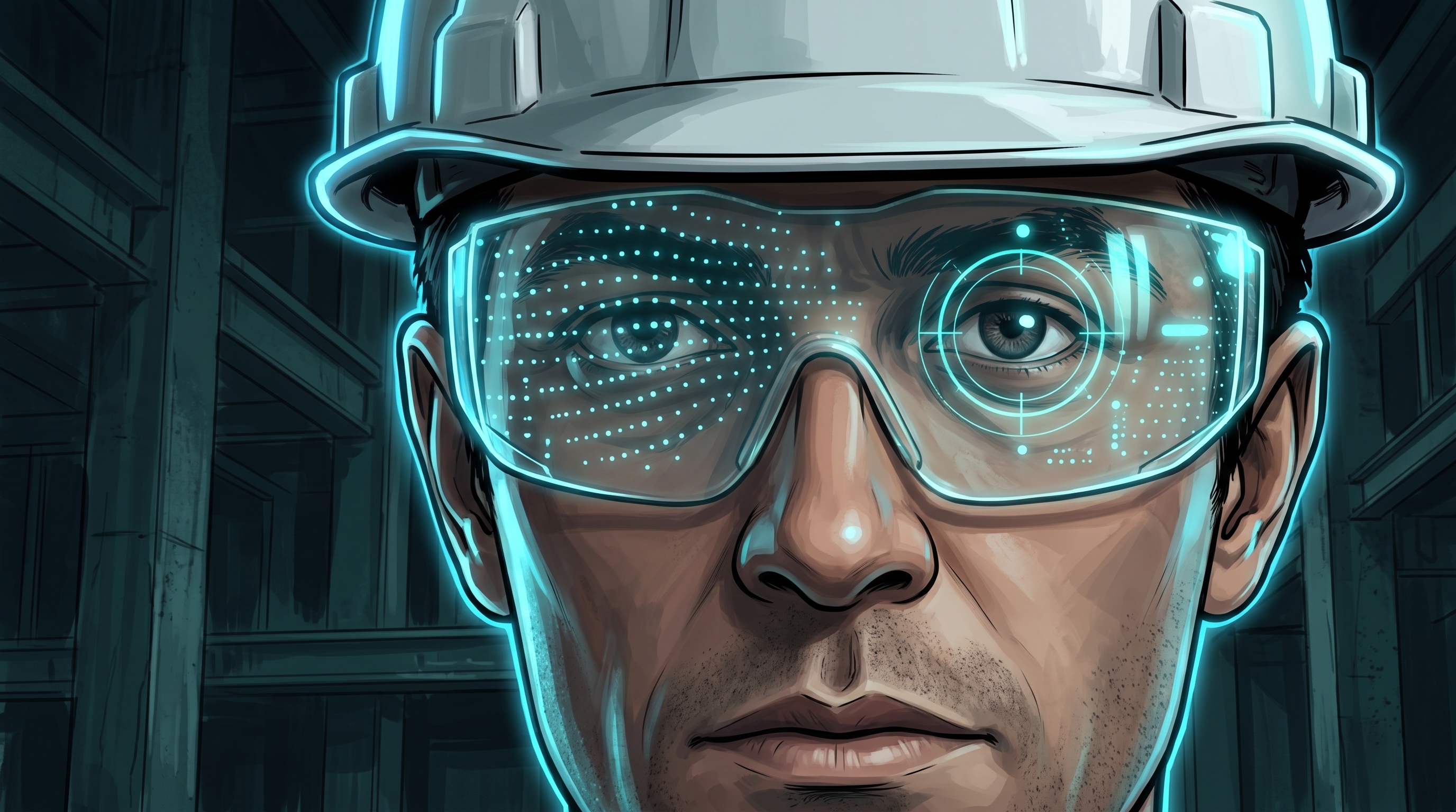 Eye behind a hard-hat visor, LiDAR data-tunnel