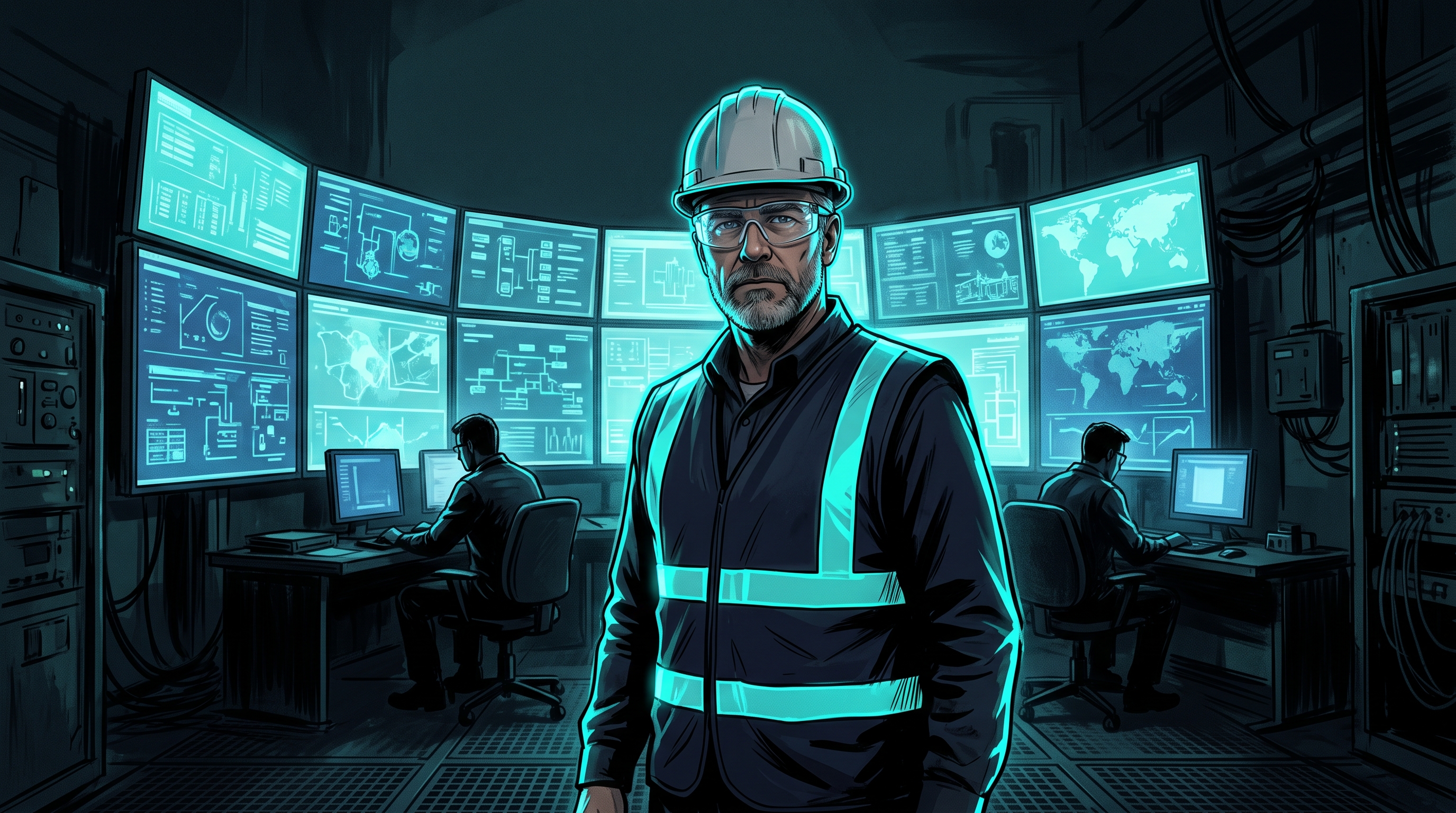 Gareth at a wall of blue safety monitors, team frozen