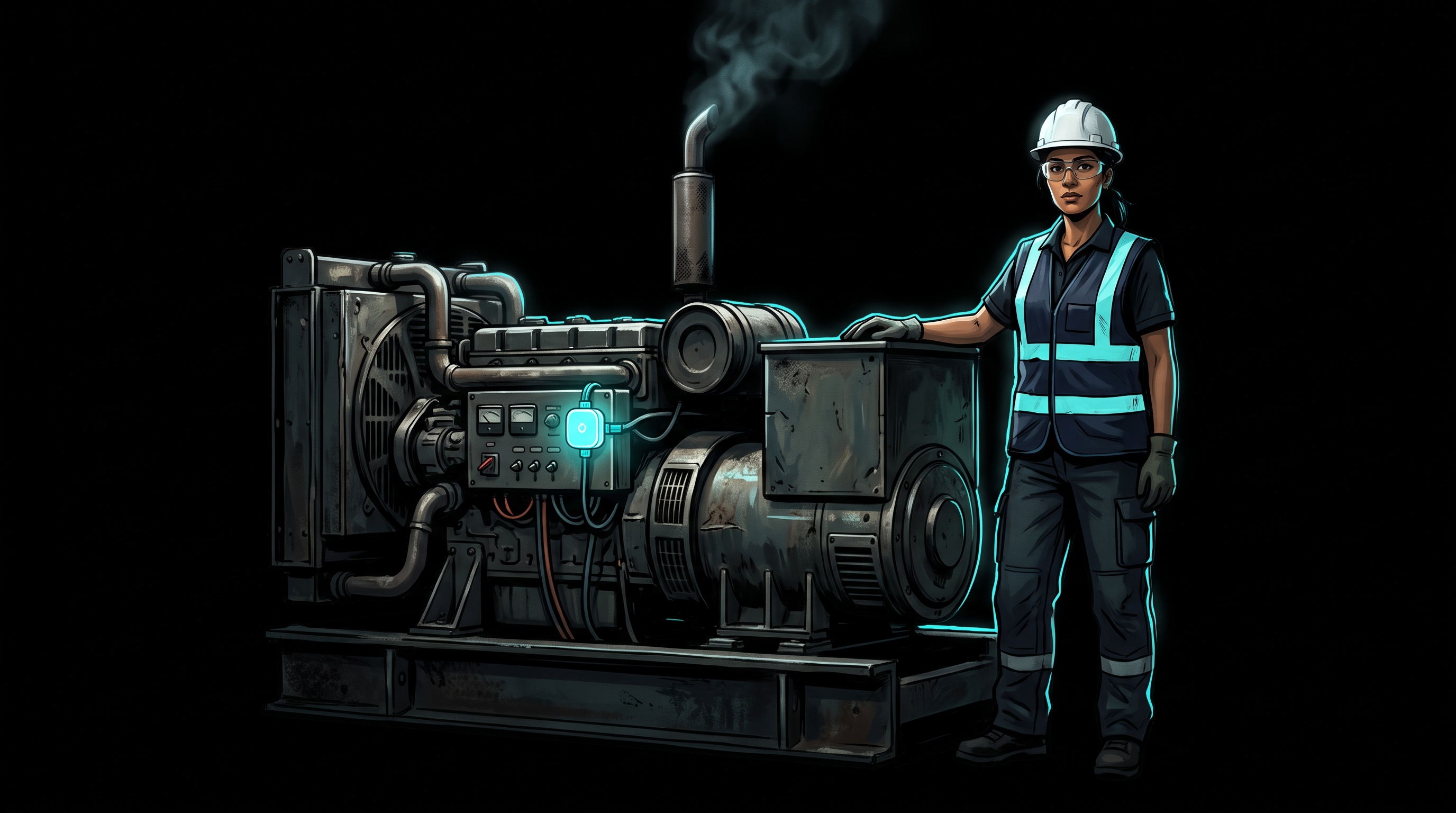 Genset hero-object in a void, IoT sensor glowing