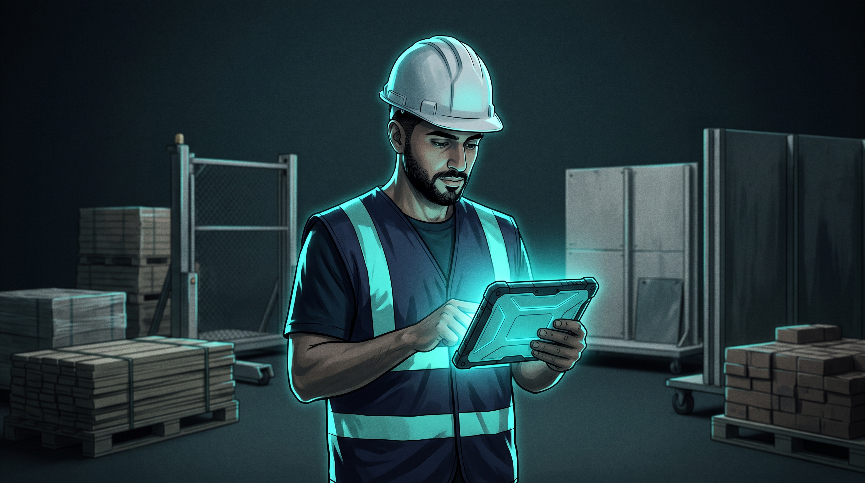 Site engineer with tablet, modular site reconfiguring