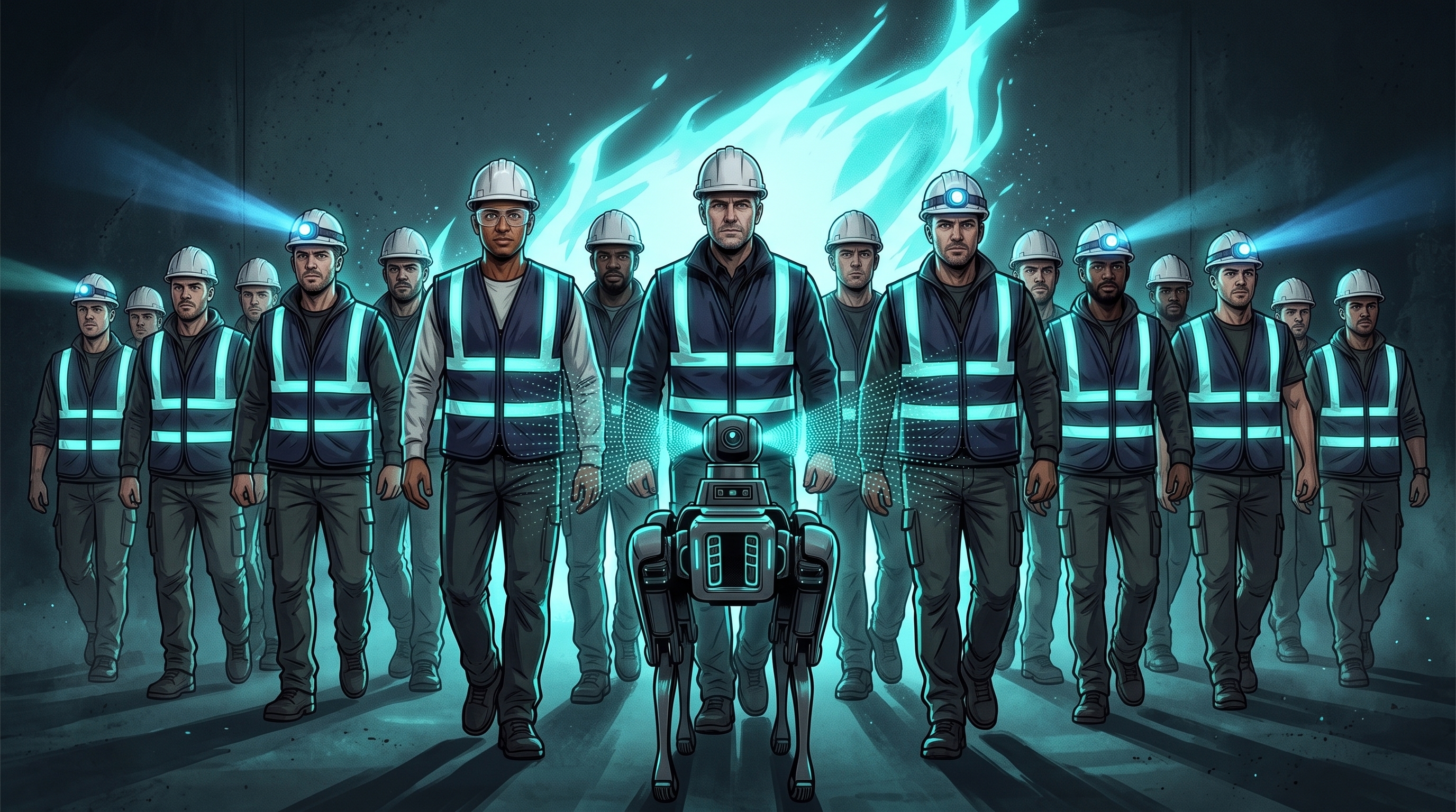 Whole crew and Robodog advancing as one, blue lights